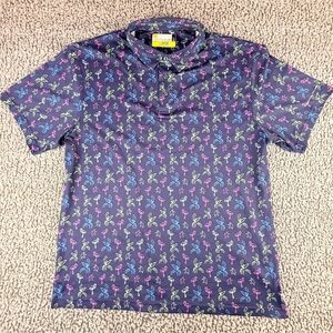 Nicklaus Golf Polo Shirt L Blue Flamingo Palm Tree Print Eco Choice Short Sleeve